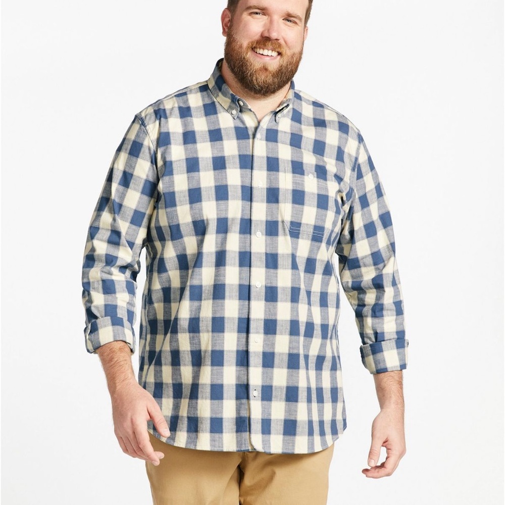 LL Bean TALL Men's Comfort Stretch Chambray Shirt Plaid Long-Sleeve XL